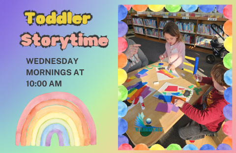 Toddler storytime with a photo of children working on a rainbow craft.