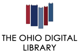 Book spines arranged in the shape of Ohio. Text reads The Ohio Digital Library.